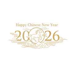 Chinese New Year 2026 Illustration with Horse and Clouds in Gold Color