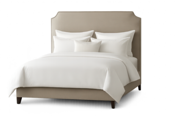 Elegant upholstered bed with white bedding isolated on transparent background
