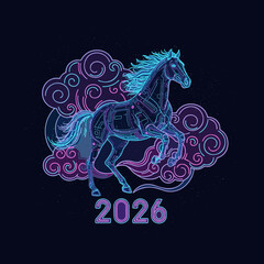 Year of the Horse 2026 Neon Futuristic Design with Clouds