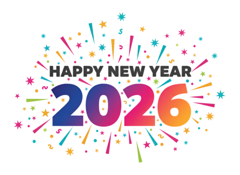 Happy New Year 2026 Festive Greeting with Colorful Confetti Celebration on white background