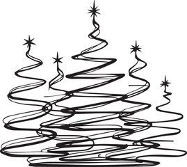 Five swirling spiral Christmas trees with stars in clustered black-and-white festive minimalist illustration