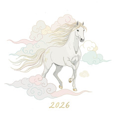 Majestic White Horse Galloping Through Pastel Clouds, Symbolizing Good Fortune and the Arrival of 2026, a Mythical Creature for New Year Celebrations and Zodiac Themes