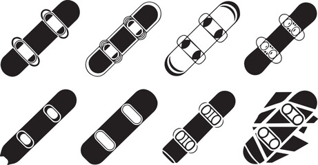 Snowboards with bindings in various styles and patterns on a white background silhouette
