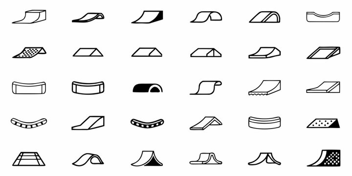 Collection of various skate park ramps and obstacles depicted in simple black and white line art style