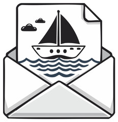 Sailboat illustration on a document emerging from an open email envelope concept