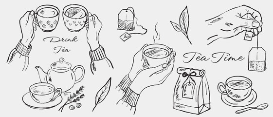 Hand drawn set of tea accessories. Hand holding cup of drink, paper bag. Tea bag drawing. Vector sketch illustration in vintage style. International tea day celebration. Winter cozy drink