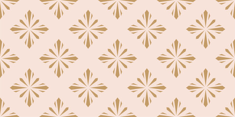 Golden vector geometric floral seamless pattern. Luxury pink and gold ornamental texture in oriental style. Abstract background with flower silhouettes, diamond shapes, stars. Elegant repeating design