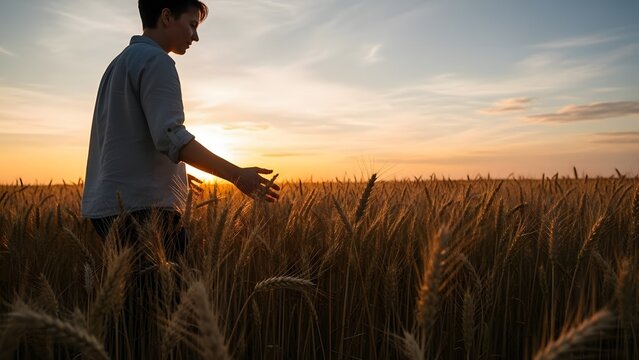 Young farmer inspecting ripe wheat field at sunset with hand outstretched in warm golden light - Powered by Adobe