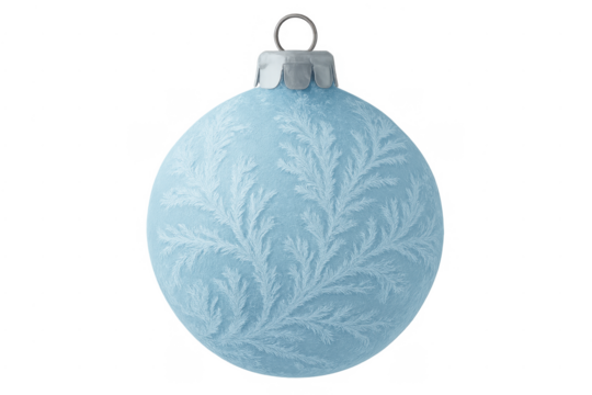 Blue christmas bauble with frost pattern, transparent background