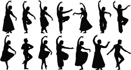 flavector, Set of black silhouettes showcasing traditional Indian classical dance and ballet poses, representing culture, performance, art, rhythm, 