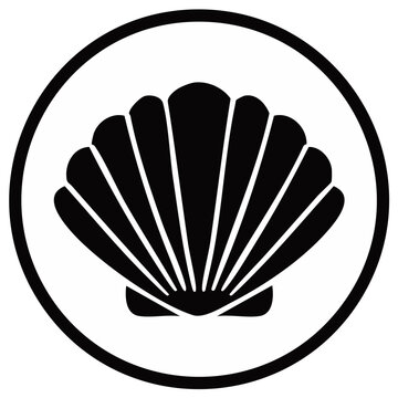 Scallop Shell Symbol in Circle Black on White Sea Life Ocean Icon Graphic Sign