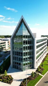 Modern glass building with triangular roof