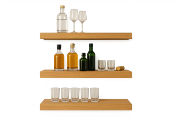 Bar bottles & glasses on wooden shelves, transparent isolated image.