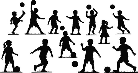 Children, soccer, silhouette, ball, play, kick, throw, catch, outdoor, grass, park, pose, vector, black, activity, movement, interaction, sport, fun, flavector