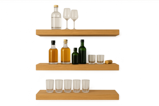 Bar bottles & glasses on wooden shelves, transparent isolated image.