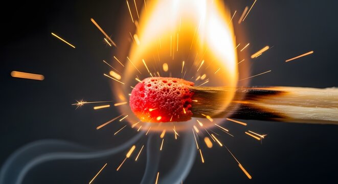 The powerful moment of ignition as a match sparks to life, creating a burst of flame, heat, and energy on a dark background