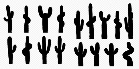 Silhouette illustration of various cactus plants on a transparent background.