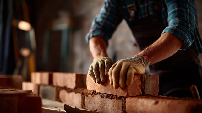 Faceless skilled building construction worker laying red bricks with protective work gloves defocused masonry wall background focusing on precise craftsmanship brick laying
