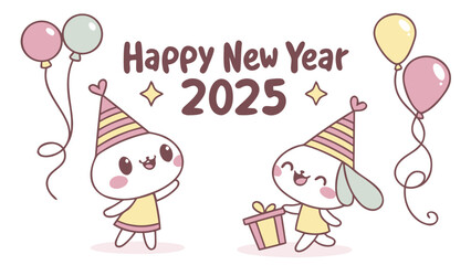 Happy new year 2025 with cartoon characters wearing party hats and balloons celebrating the new year