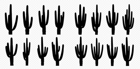 Silhouetted cacti in rows, a simple black and white illustration of desert plants.
