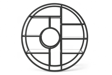 Modern circular wall shelf with geometric compartments, isolated on transparent background