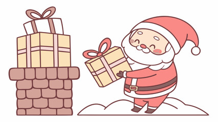 Cartoon santa claus holding a gift box next to a chimney with stacked presents for christmas eve night