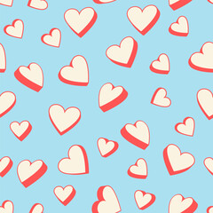 Seamless vector pattern with cute cream hearts and bold pink shadows scattered over a soft light blue background. Playful romantic design for Valentines themes, prints and decor