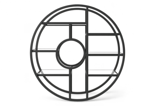 Modern circular wall shelf with geometric compartments, isolated on transparent background