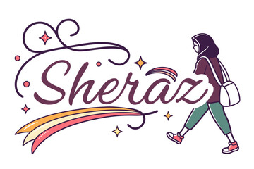Illustration of a woman in hijab walking with a bag next to the word sheraz with stars and a comet