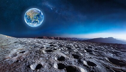a stunning view from the moon s surface showcases earth glowing in the distance the lunar landscape appears rugged and stark while the planet offers vibrant colors