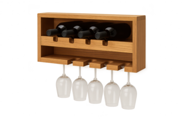 Elegant wooden wine rack with five bottles and hanging glasses, transparent background