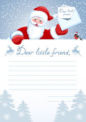 Layout letter from Santa Claus template with inscription "Dear little friend" and cartoon Santa with Christmas envelope
