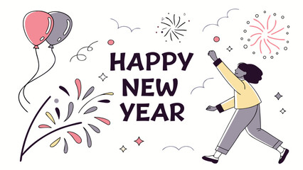 Illustration of happy new year celebration with balloons fireworks and person reaching up in the air