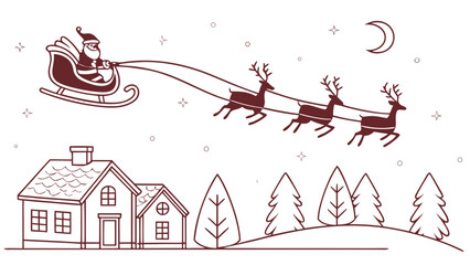 Santa claus in sleigh pulled by reindeer flying over houses and trees on christmas night with moon and stars