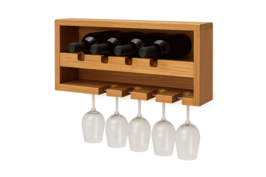 Elegant wooden wine rack with five bottles and hanging glasses, transparent background