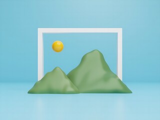 Minimalist 3D rendering of mountains and sun in a white frame simple geometric shapes against a blue background creating a serene landscape concept
