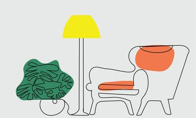 Modern Minimalist Furniture Illustration Line Art – Cozy Chair with Lamp and Indoor Plant Wall Art Print, Contemporary Home Decor Artwork for Living Room, Interior Design Aesthetic Poster