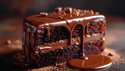 Indulgent slice of rich dark chocolate cake, generously drenched in glistening melted chocolate ganache with sprinkles, a decadent and sweet dessert treat perfect for any occasion
