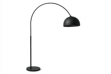 Modern black arc floor lamp isolated on transparent background, sleek design