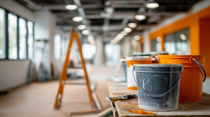 Indoor construction site showcasing extensive renovation work faceless active work area defocused aluminum ladders paint buckets background orange accent feature wall home