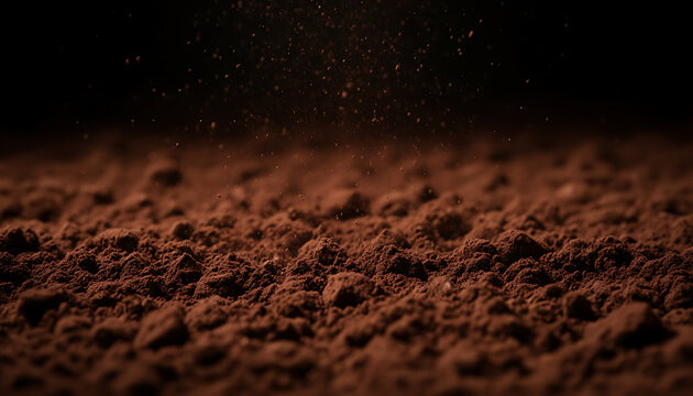 Macro view of cocoa powder with a dark background, showing texture and detail for cooking and baking concepts