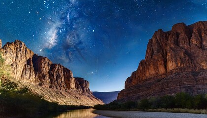 Obraz premium under a blanket of stars the canyon at big bend national park reveals towering rock formations and a calm river reflecting the night sky the landscape evokes tranquility and wonder