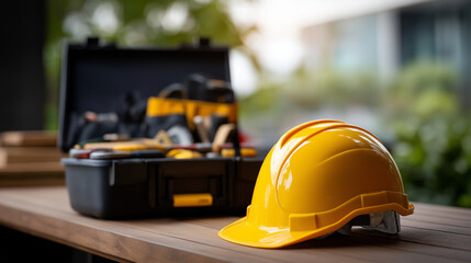 Safety helmet hardhat with construction tools in organized black storage container faceless construction equipment display defocused background worker protection safety gear