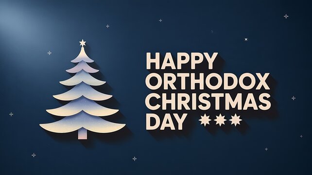 Happy orthodox christmas day greeting with snowy tree