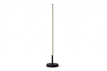 Modern black LED floor lamp emitting warm light isolated on a transparent background