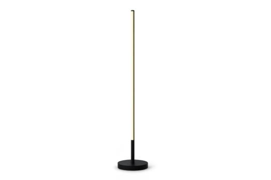 Modern black LED floor lamp emitting warm light isolated on a transparent background