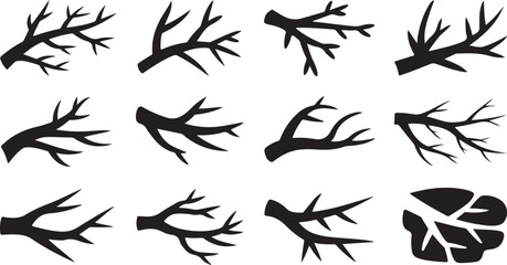 Twelve black silhouettes of bare tree branches and abstract branch forms Keywords: tree, branches, silhouette, bare, winter, nature, abstract, design, graphic, element, icon, isolated, white