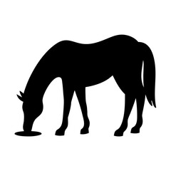 A black horse silhouette grazing in a field silhouette