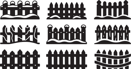 Variety of Black Silhouette Picket Fence Icons with Snow winter christmas