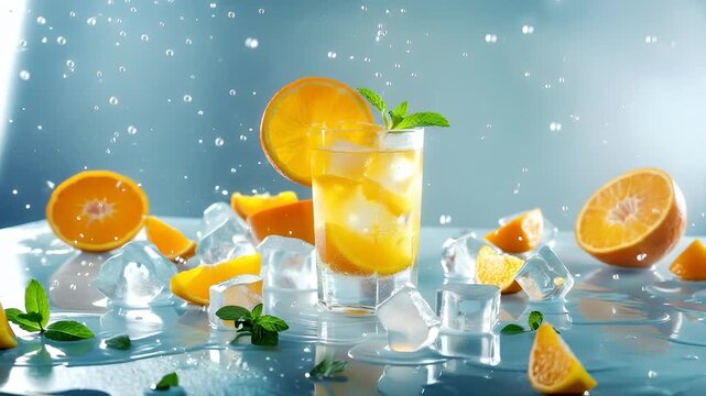 A highresolution, vibrant, and detailed wallpaper featuring a glass of iced tea with a slice of orange and mint garnish. The glass is filled with a clear liquid, possibly orange juice.
